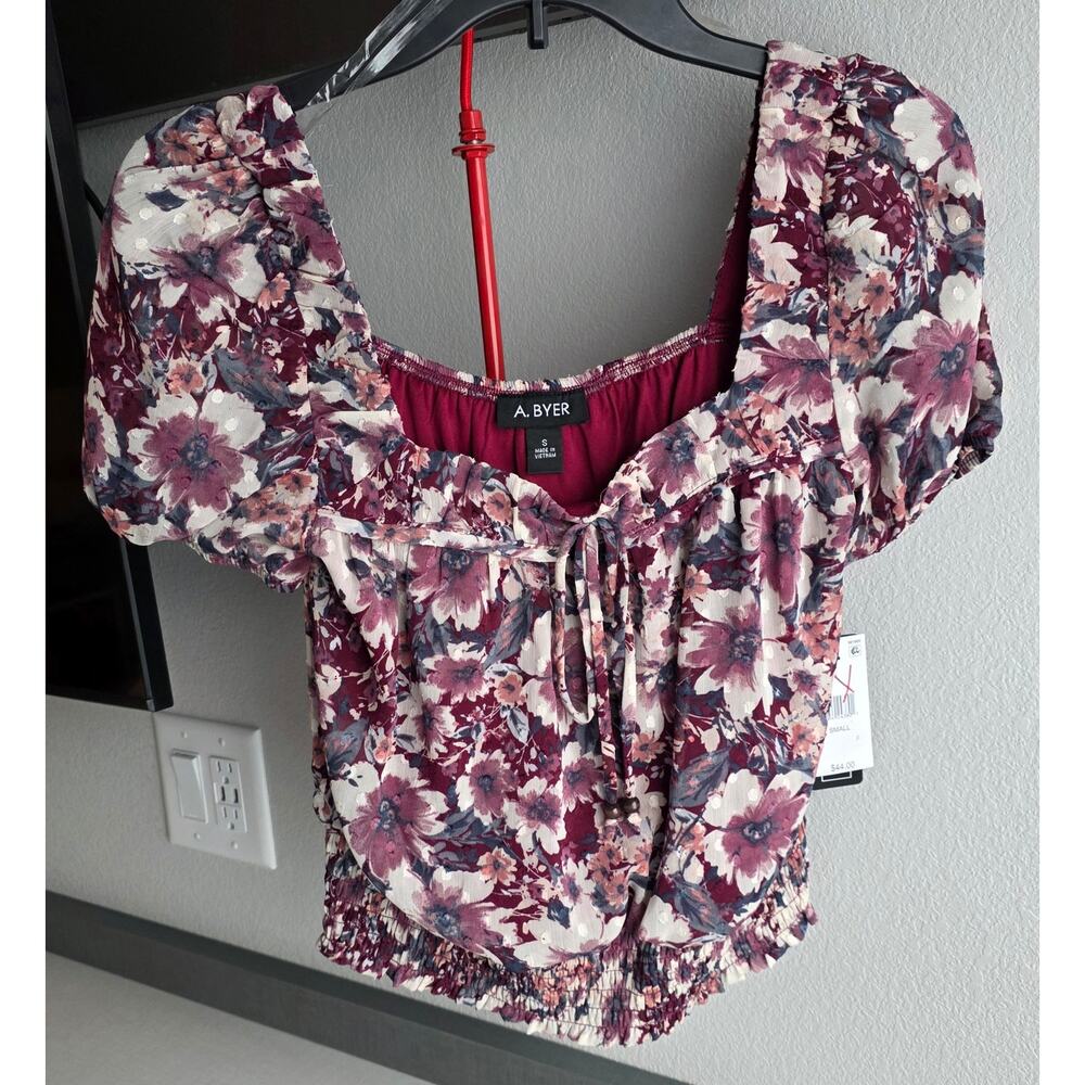 Moody Floral Puff Sleeve Peasant Blouse Smocked Hem Tie Front Cottagecore Small